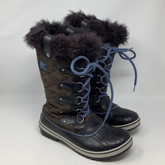 Sorel women's Tofino Herringbone tall boots 8.5 brown blue laces winter snow - Picture 1 of 9